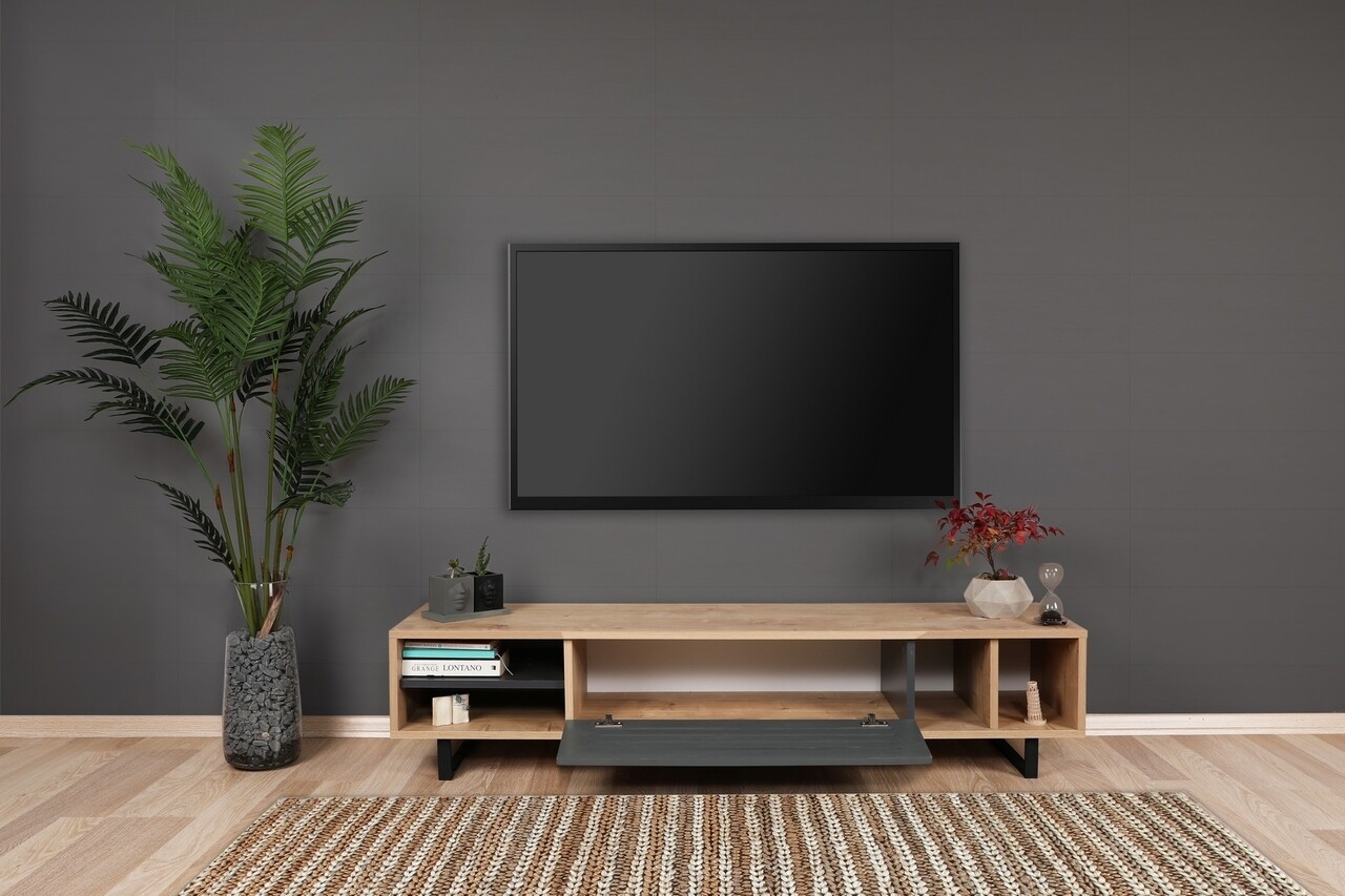 Comoda TV Safir, Puqa Design, 160x35x40 cm, maro/antracit - imagine 7